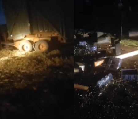 Engavetamento na BR-163 após carreta sem freio deixa três feridos